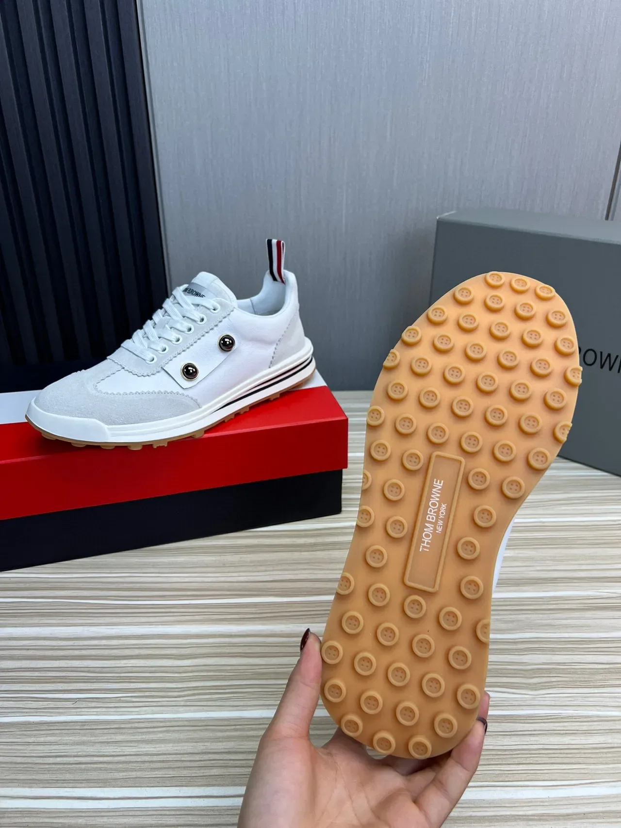 Thom Browne Double-Button Strap White and Gray Lifestyle Sneakers 9