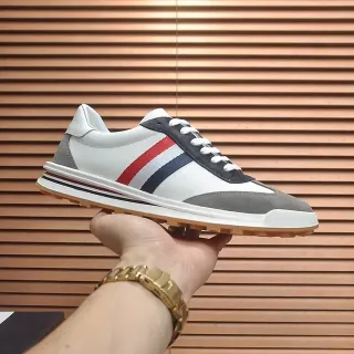 Thom Browne White Gray Low-Top Leather-Suede Hybrid Lifestyle Sneakers