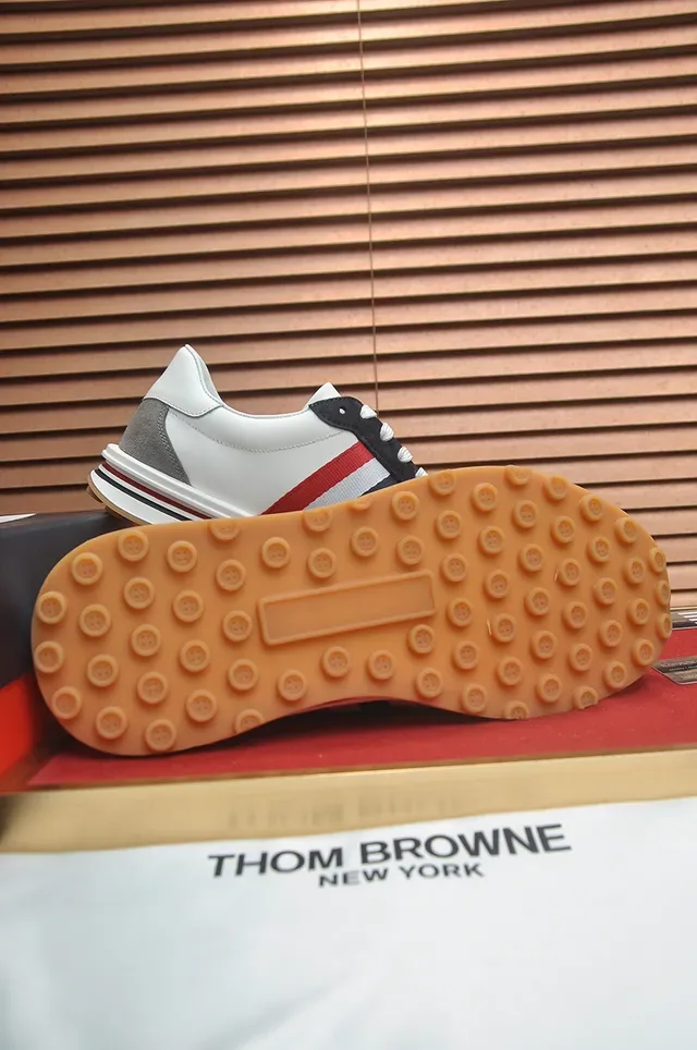 Thom Browne White Gray Low-Top Leather-Suede Hybrid Lifestyle Sneakers 3