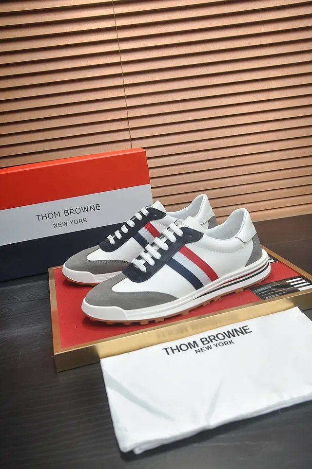 Thom Browne White Gray Low-Top Leather-Suede Hybrid Lifestyle Sneakers 4