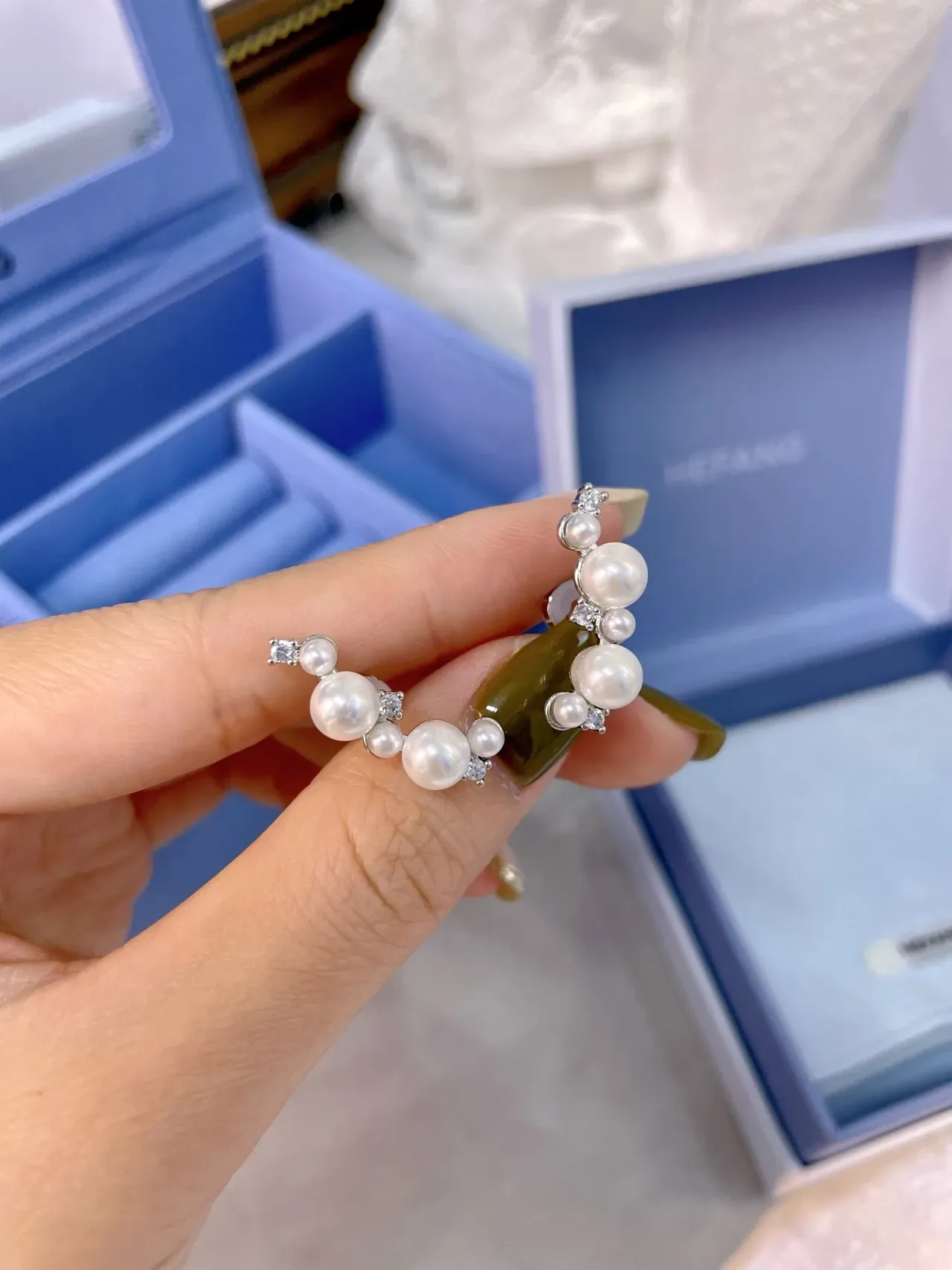 Tiffany & Co. Asymmetrical Pearl and Diamond Cluster Stud Earrings 7