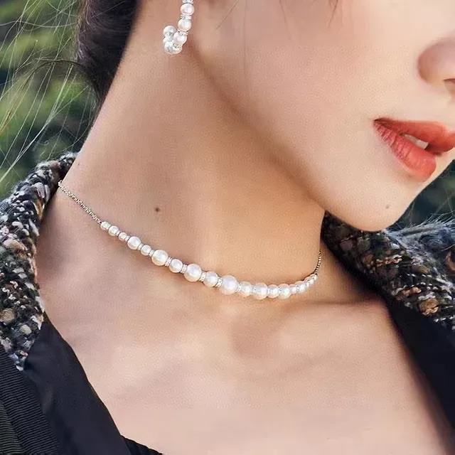 Tiffany & Co. قلادة سلسلة فضية بيضاء رقيقة لؤلؤ وماس متناوبة 2