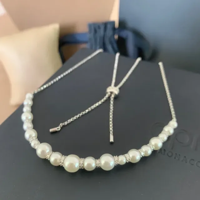 Tiffany & Co. قلادة سلسلة فضية بيضاء رقيقة لؤلؤ وماس متناوبة 5