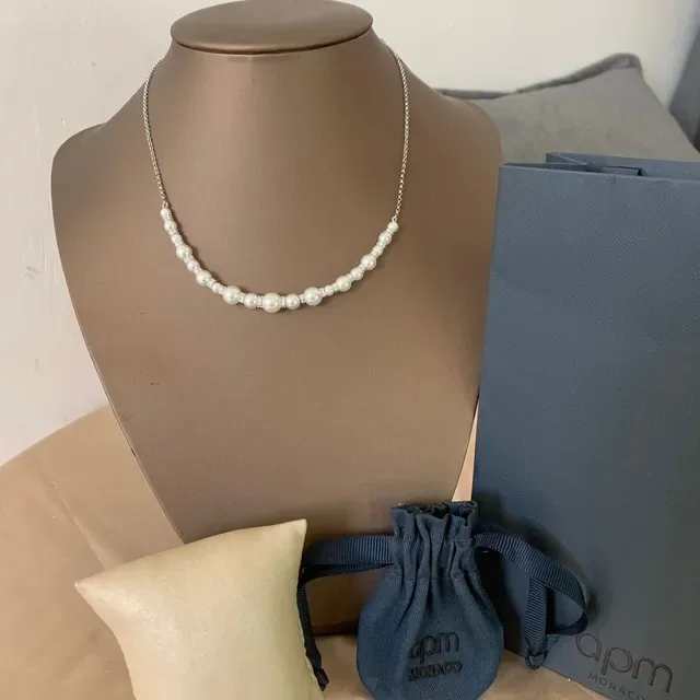 Tiffany & Co. قلادة سلسلة فضية بيضاء رقيقة لؤلؤ وماس متناوبة 7