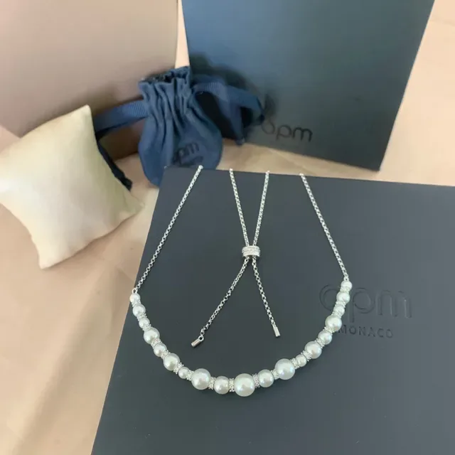 Tiffany & Co. قلادة سلسلة فضية بيضاء رقيقة لؤلؤ وماس متناوبة 8