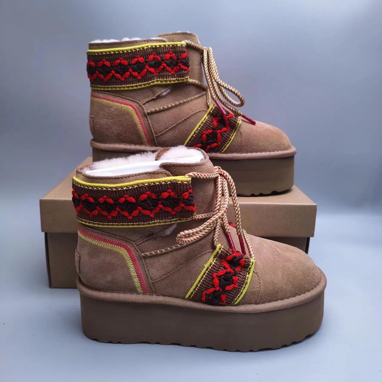 UGG Brown Multicolor Platform Sole Suede Upper Snow Boots 2