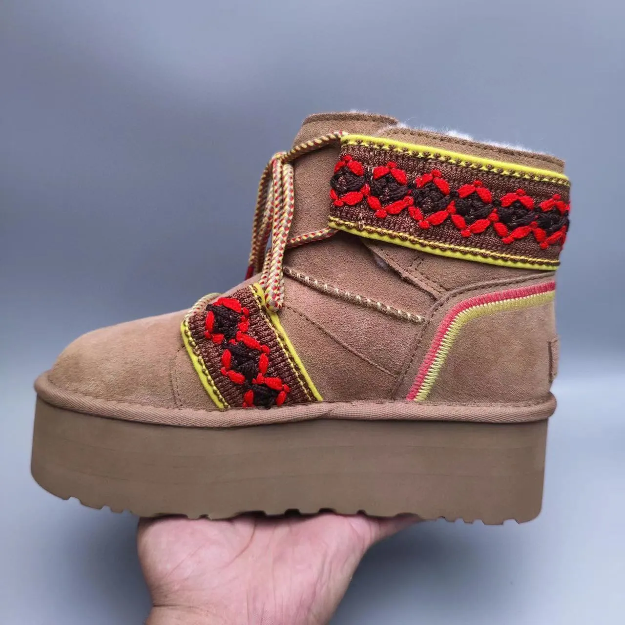 UGG Brown Multicolor Platform Sole Suede Upper Snow Boots 3