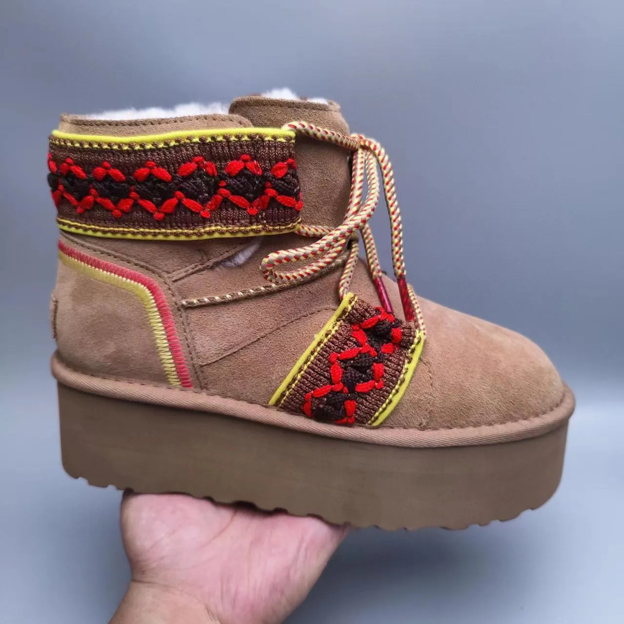 UGG Brown Multicolor Platform Sole Suede Upper Snow Boots 4