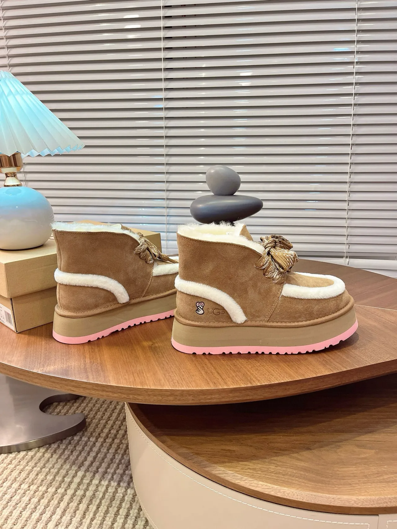 UGG Brown Pink Platform Sole Shearling-Lined Snow Boots 3