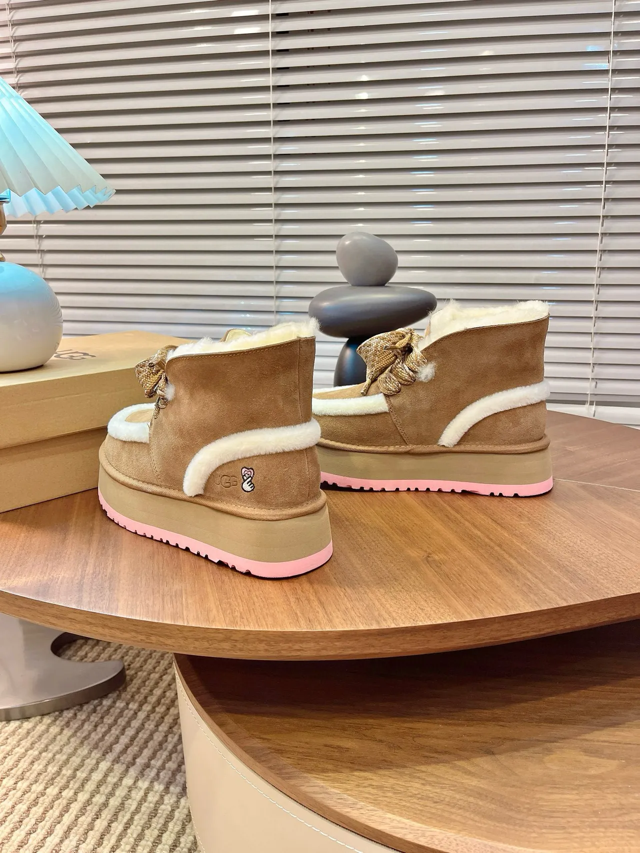 UGG Brown Pink Platform Sole Shearling-Lined Snow Boots 5