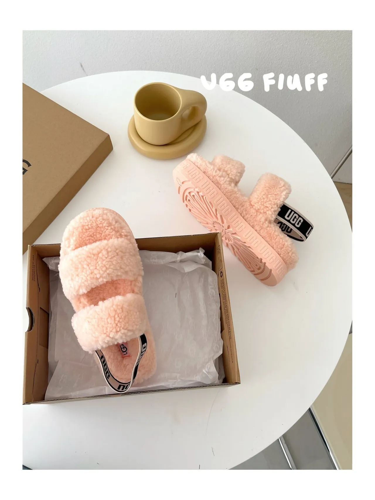 UGG Fiuff Pink Fluffy Shearling Platform Slippers 3
