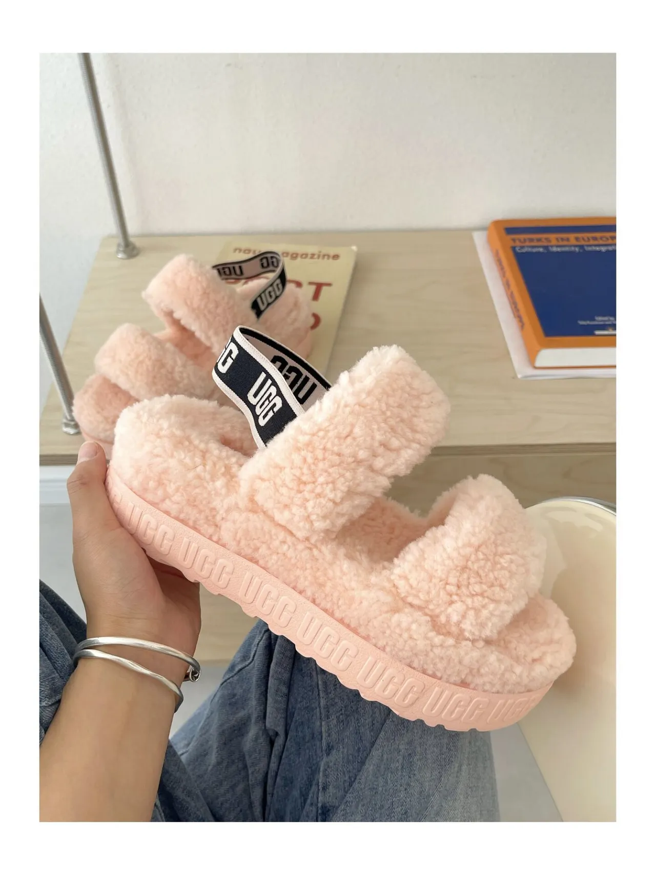UGG Fiuff Pink Fluffy Shearling Platform Slippers 5