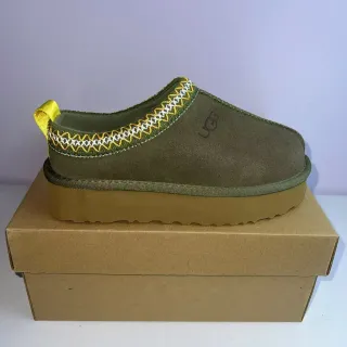 UGG Tasman Army Green Yellow Suede Upper Embroidered Zigzag Trim Slippers