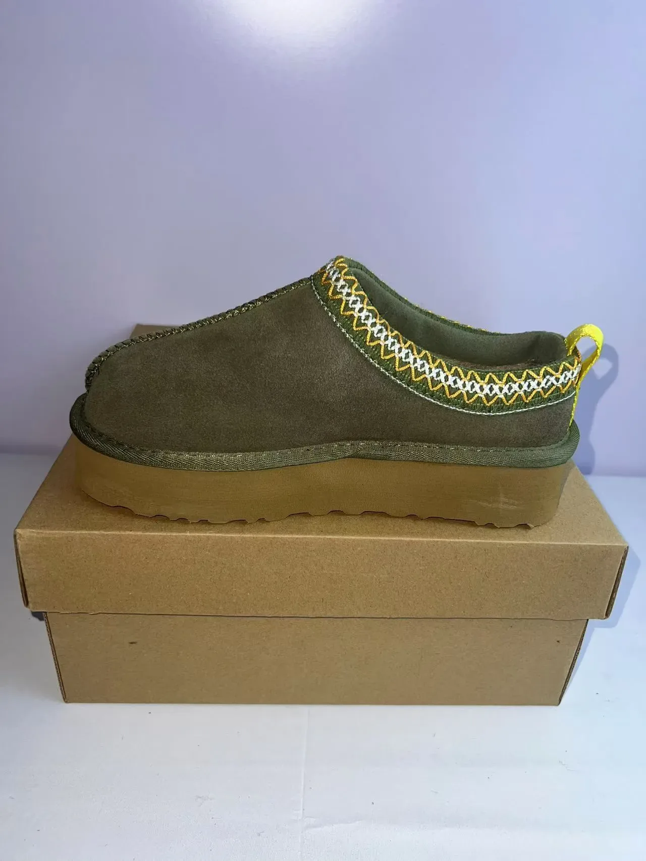 UGG Tasman Army Green Yellow Suede Upper Embroidered Zigzag Trim Slippers 2