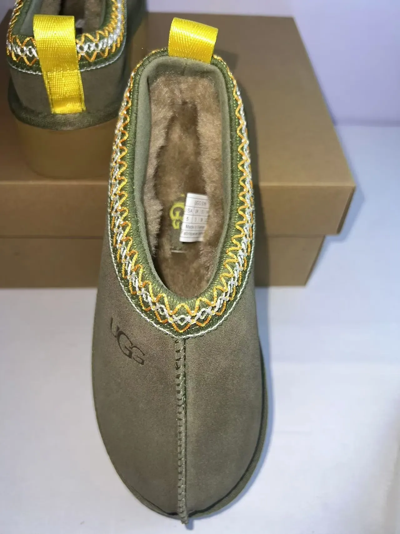 UGG Tasman Army Green Yellow Suede Upper Embroidered Zigzag Trim Slippers 4