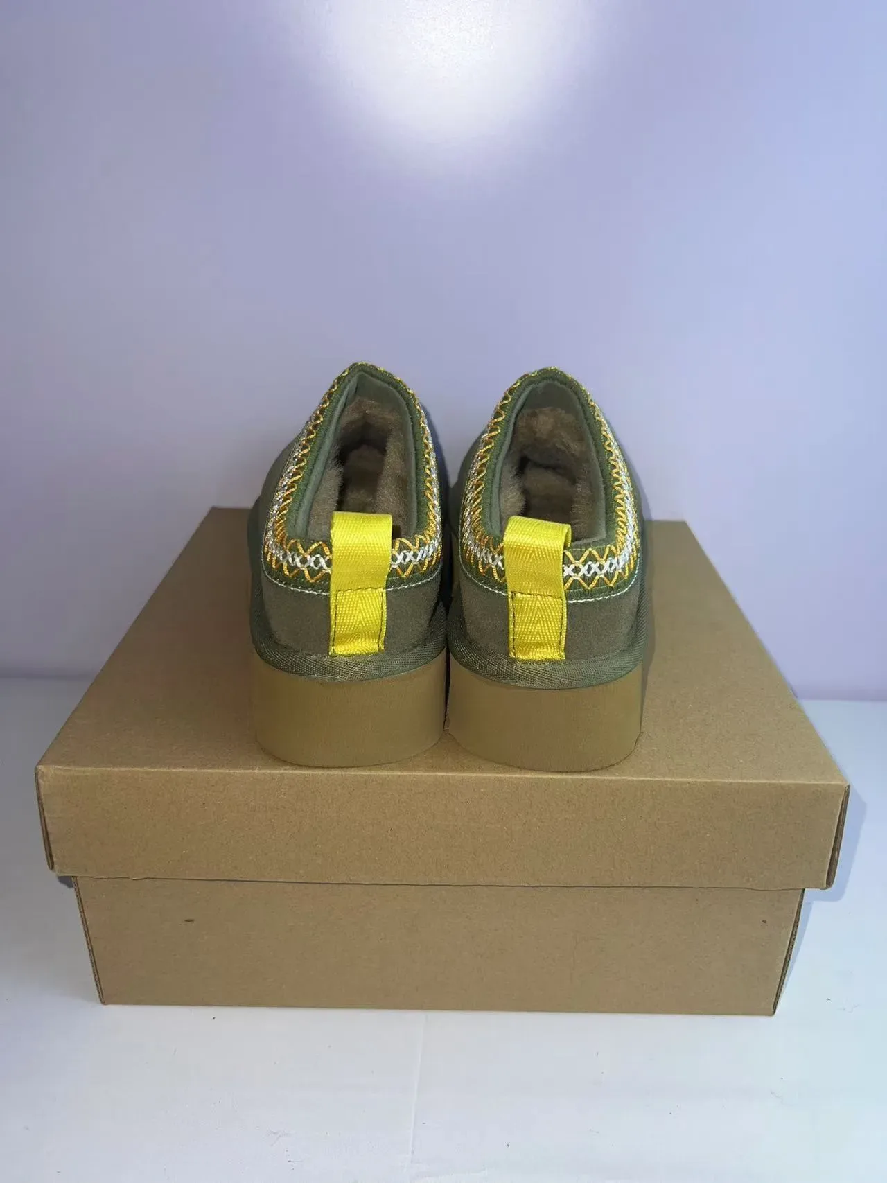 UGG Tasman Army Green Yellow Suede Upper Embroidered Zigzag Trim Slippers 5