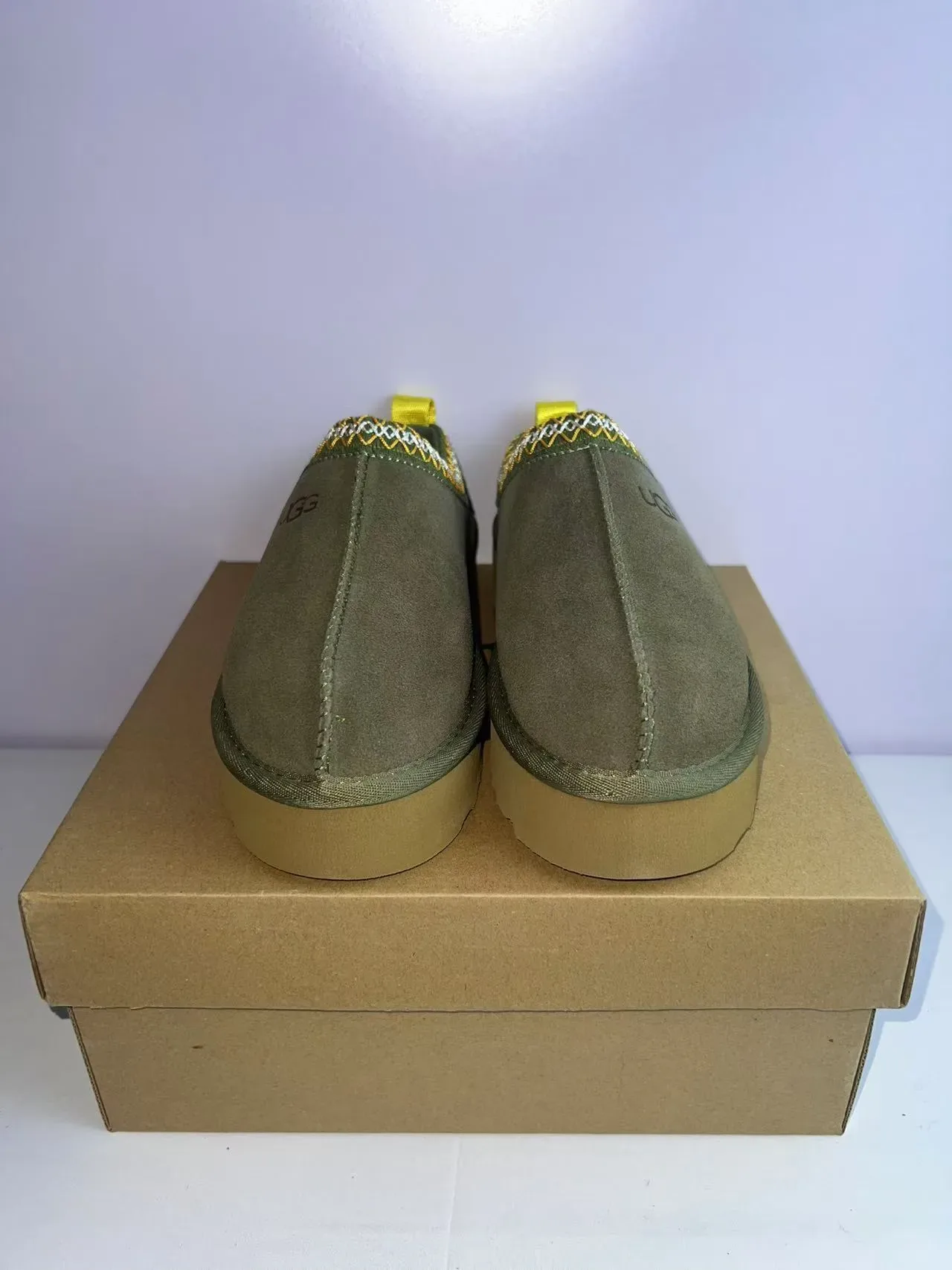 UGG Tasman Army Green Yellow Suede Upper Embroidered Zigzag Trim Slippers 6