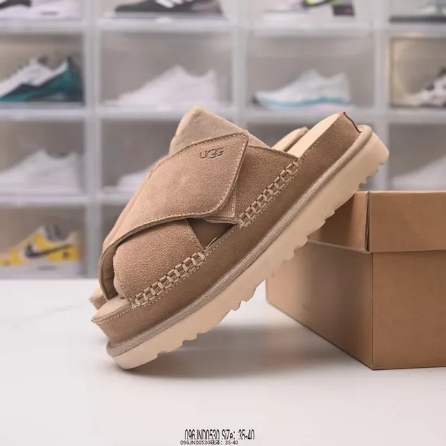 UGG Tasman Beige Suede Cross-Strap Platform Slippers 6