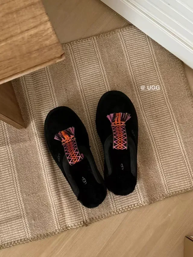 UGG Tasman Black Embroidered Strap Slippers 6