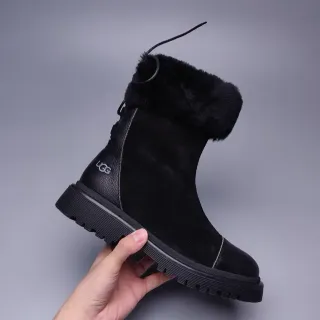UGG Tasman Black Suede And Leather Upper Foldable Faux Fur Cuff Ankle Boots