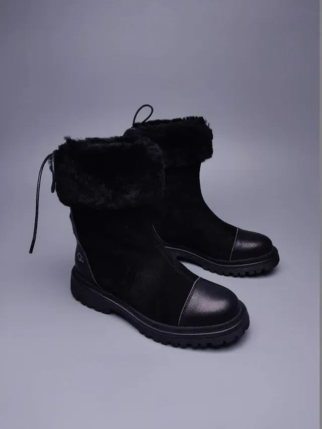 UGG Tasman Black Suede And Leather Upper Foldable Faux Fur Cuff Ankle Boots 4
