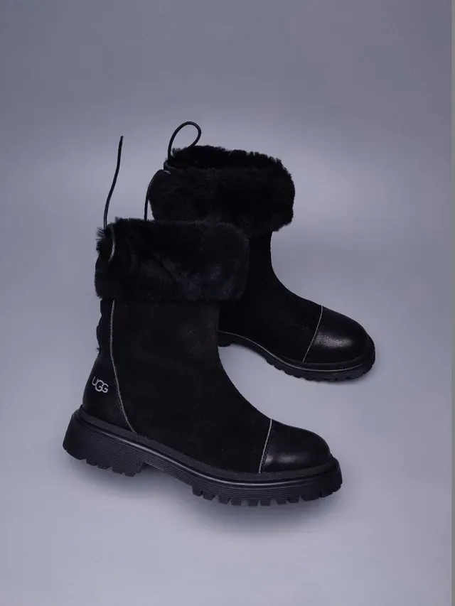 UGG Tasman Black Suede And Leather Upper Foldable Faux Fur Cuff Ankle Boots 7