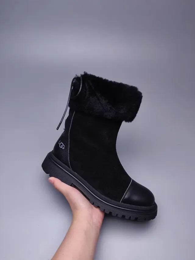 UGG Tasman Black Suede And Leather Upper Foldable Faux Fur Cuff Ankle Boots 11