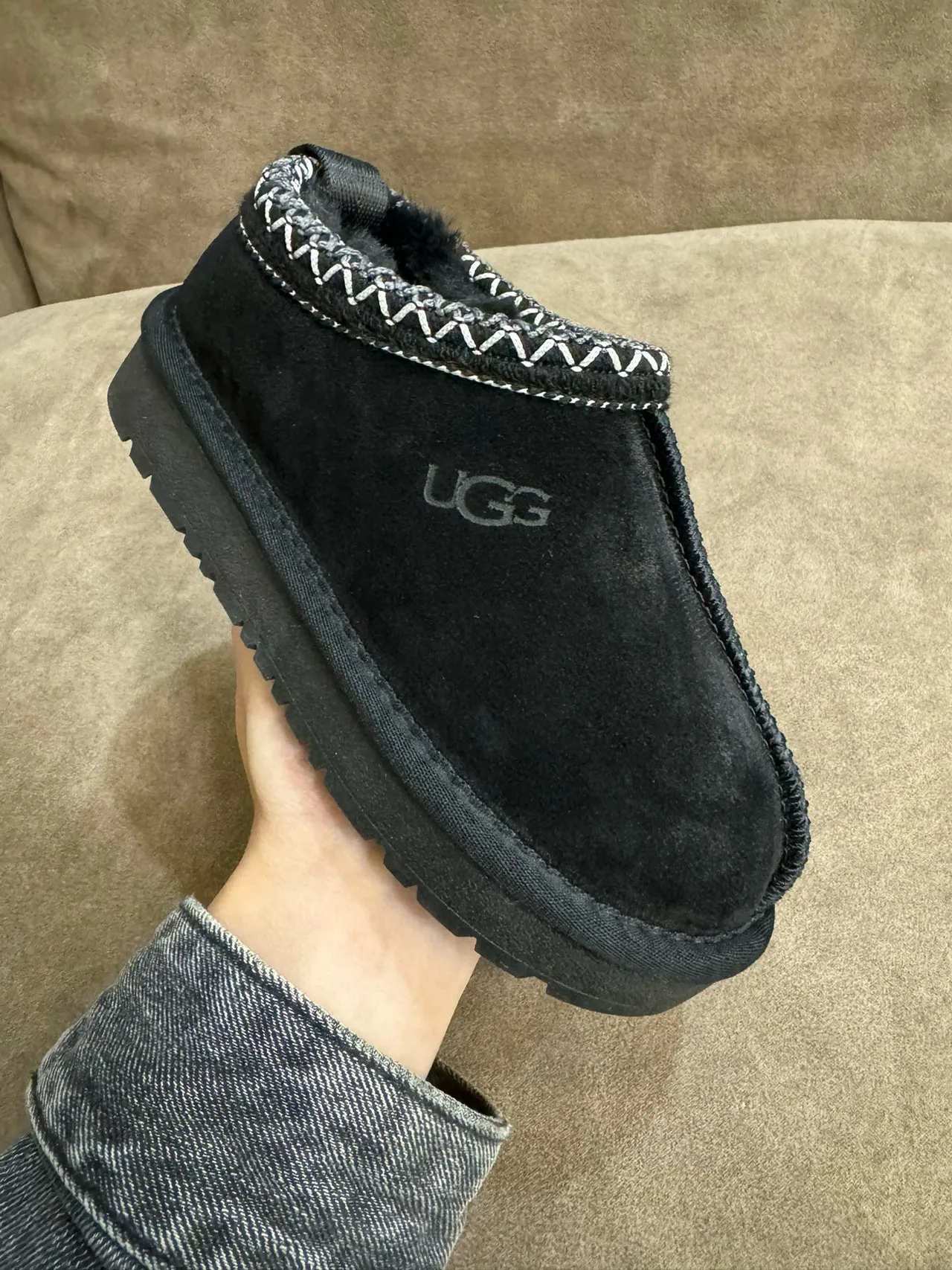 UGG Tasman Black Suede Zigzag Stitch Slip-On Casual Shoes 8