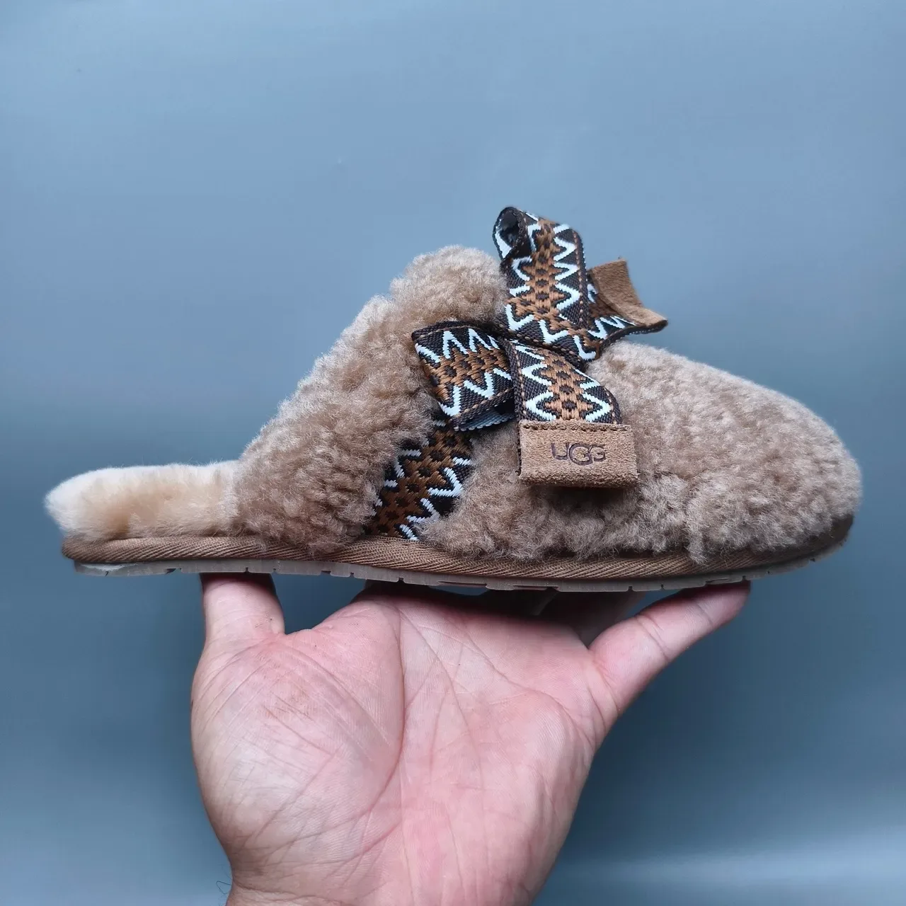 UGG Tasman Brown Beige Shearling-Lined Woven Geometric Strap Slippers 2