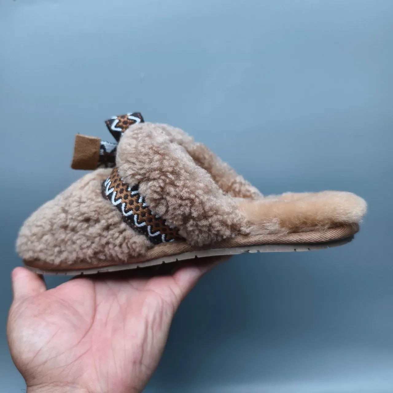 UGG Tasman Brown Beige Shearling-Lined Woven Geometric Strap Slippers 4