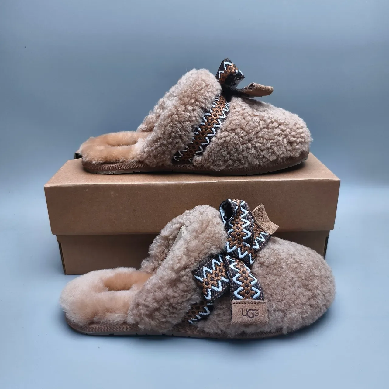 UGG Tasman Brown Beige Shearling-Lined Woven Geometric Strap Slippers 5