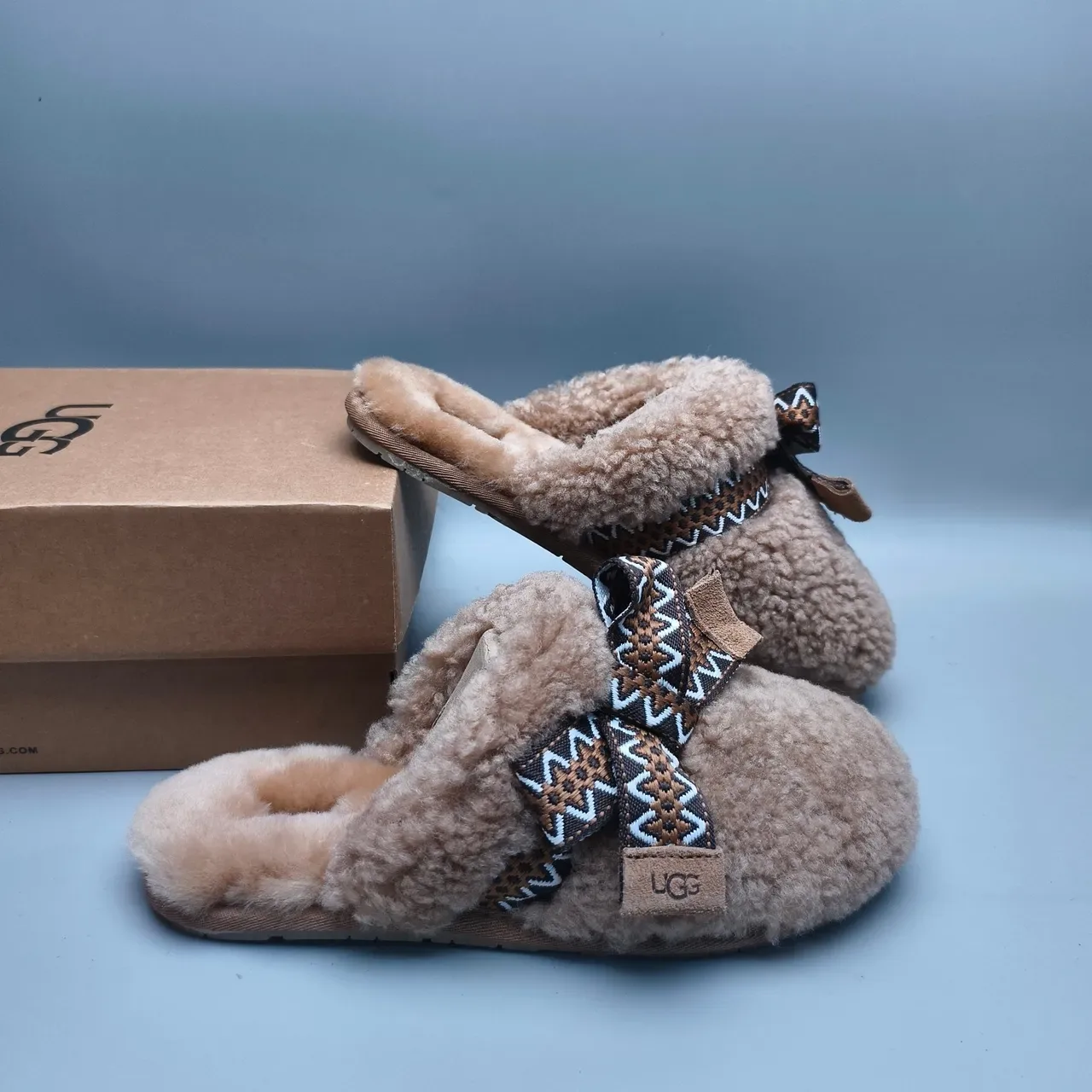 UGG Tasman Brown Beige Shearling-Lined Woven Geometric Strap Slippers 6