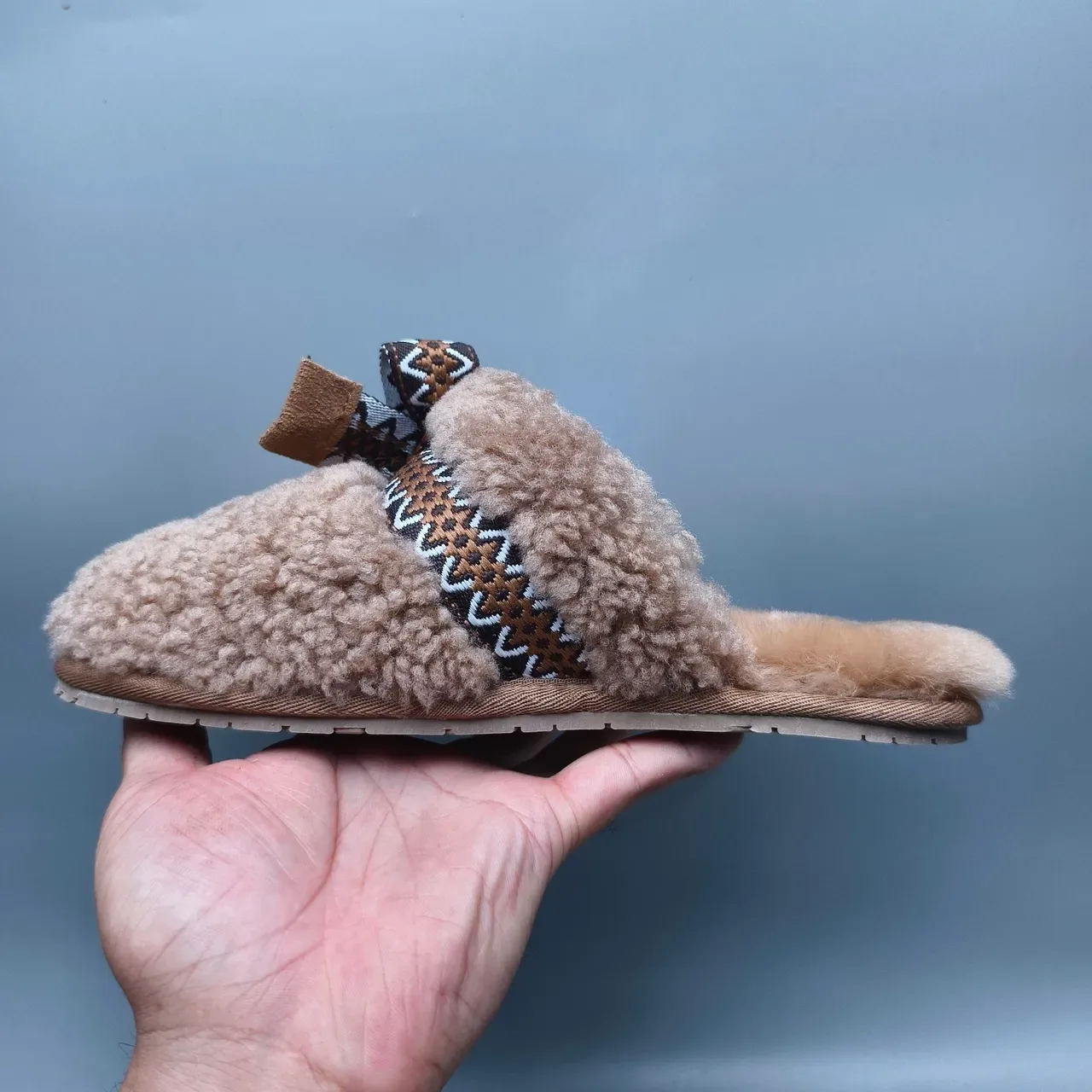 UGG Tasman Brown Beige Shearling-Lined Woven Geometric Strap Slippers 7