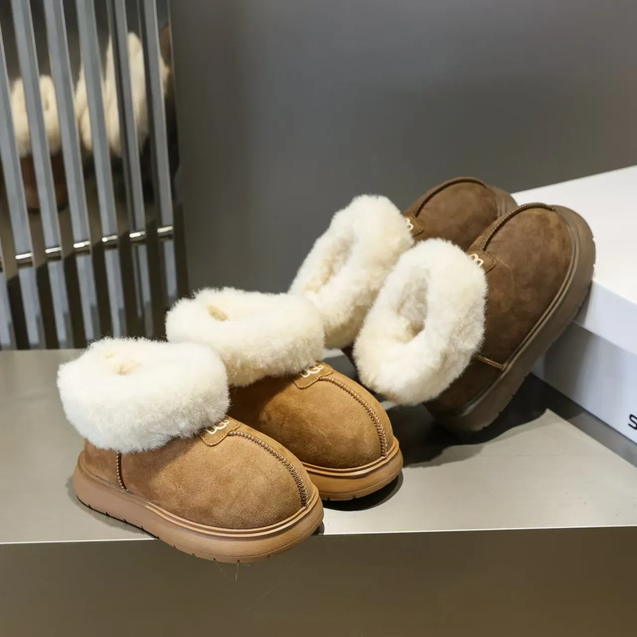UGG Tasman Brown White Suede Upper Shearling Cuff Snow Boots 4