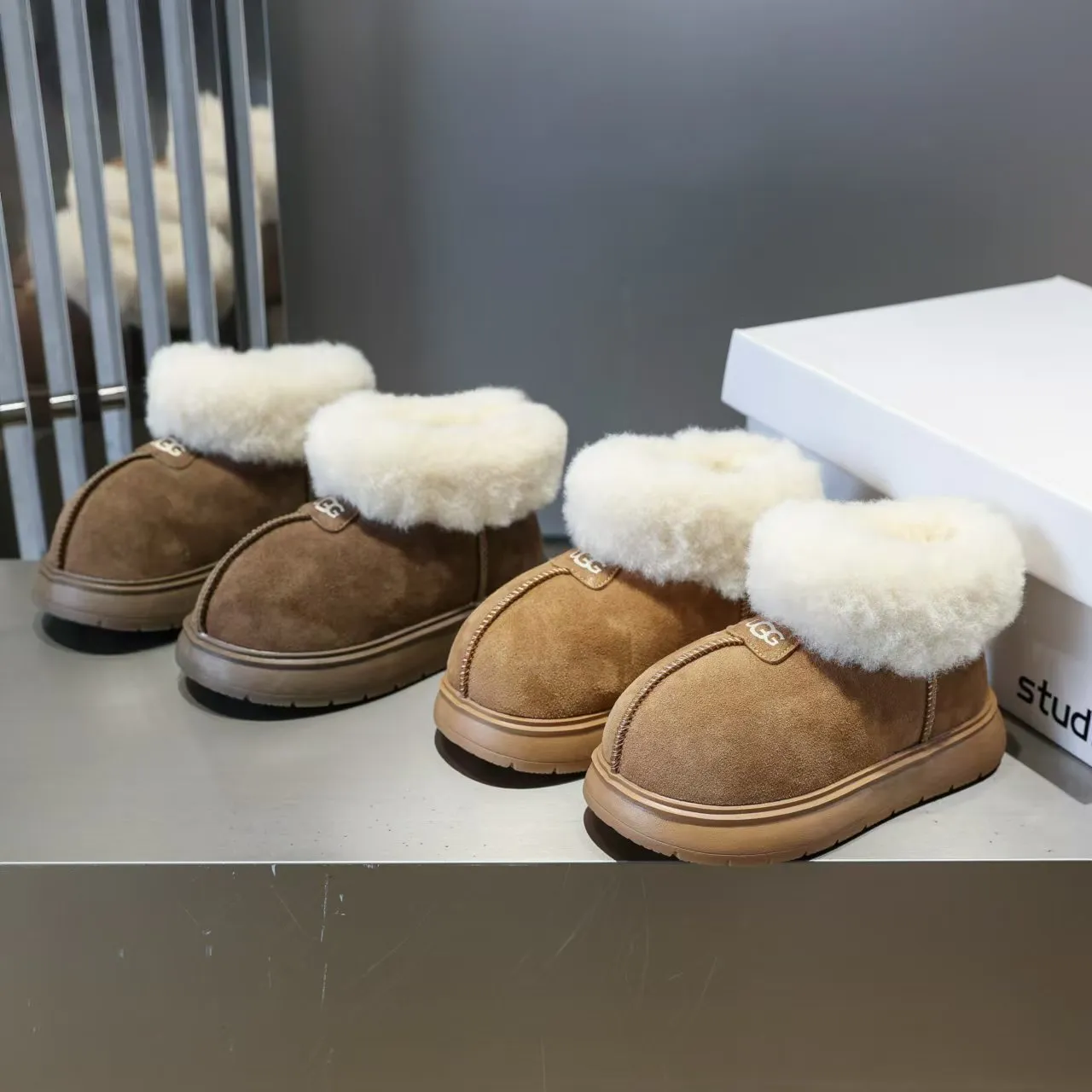UGG Tasman Brown White Suede Upper Shearling Cuff Snow Boots 5
