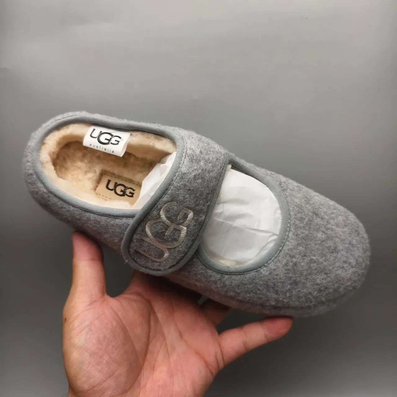 UGG Tasman Gray Beige Felt Upper Shearling-Lined Mary Jane Shoes 3
