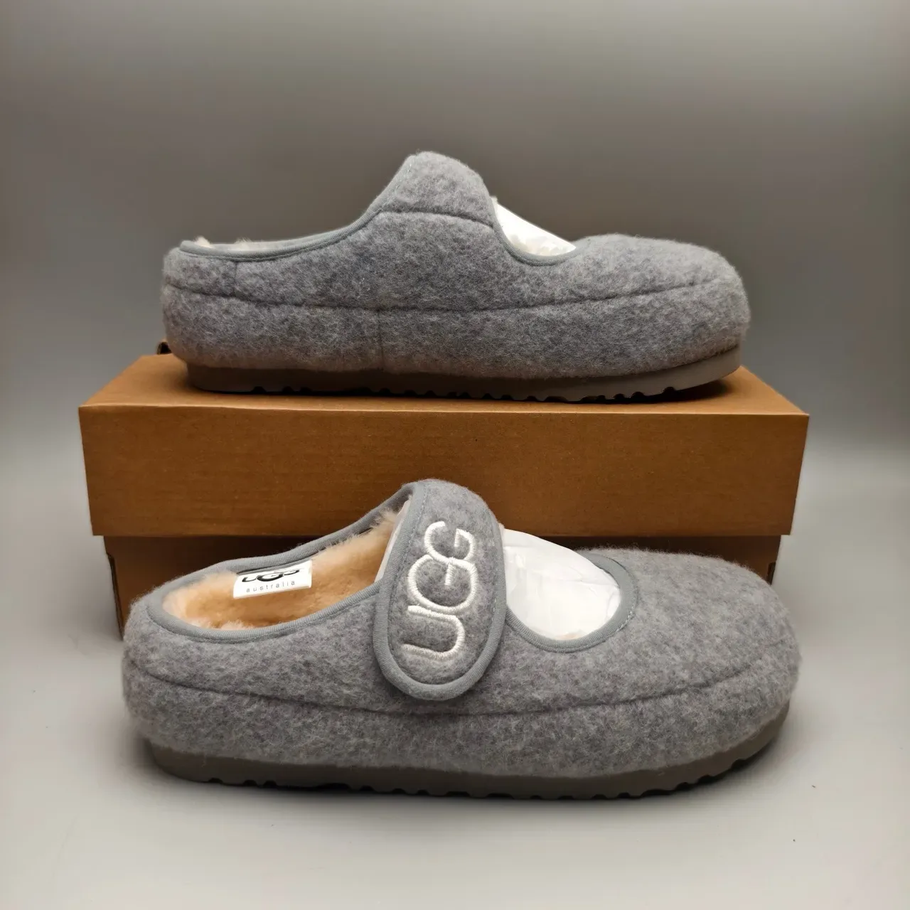 UGG Tasman Gray Beige Felt Upper Shearling-Lined Mary Jane Shoes 5