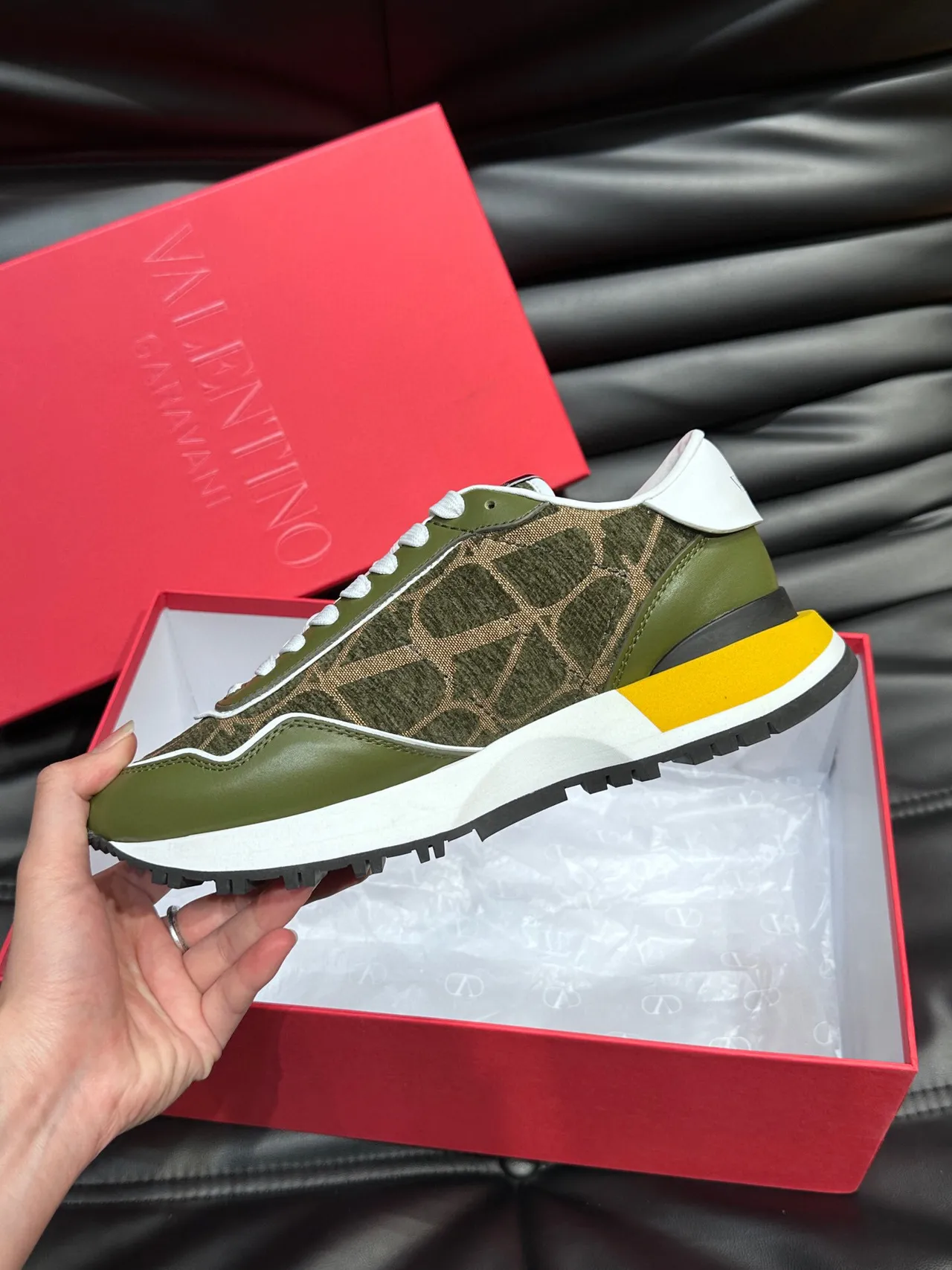 Valentino Sneakers Chunky Army Green Yellow Camo Jacquard Upper Oversized VLTN Logo 6