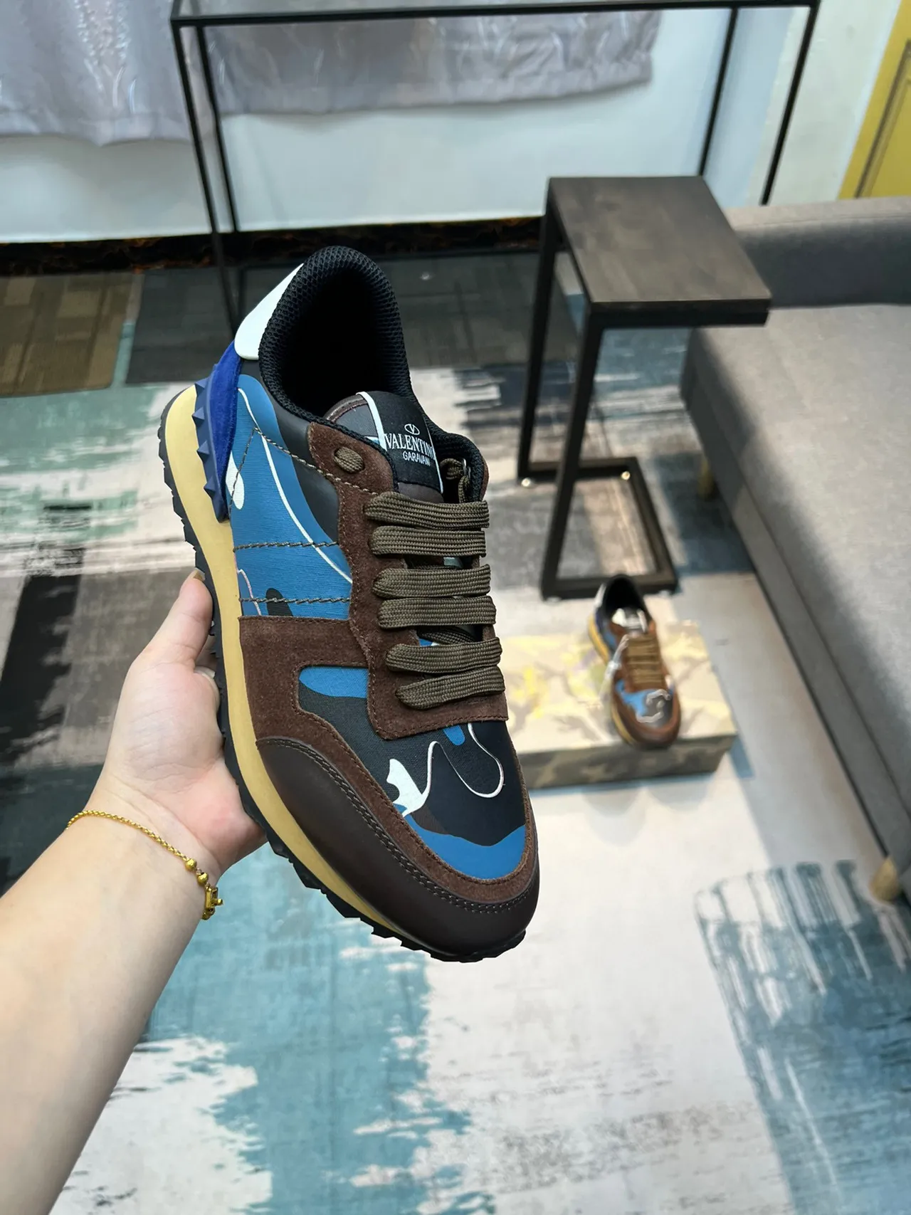 Valentino Marron Bleu Panneaux Camo-Print Daïm Overlay Lifestyle Sneakers 6