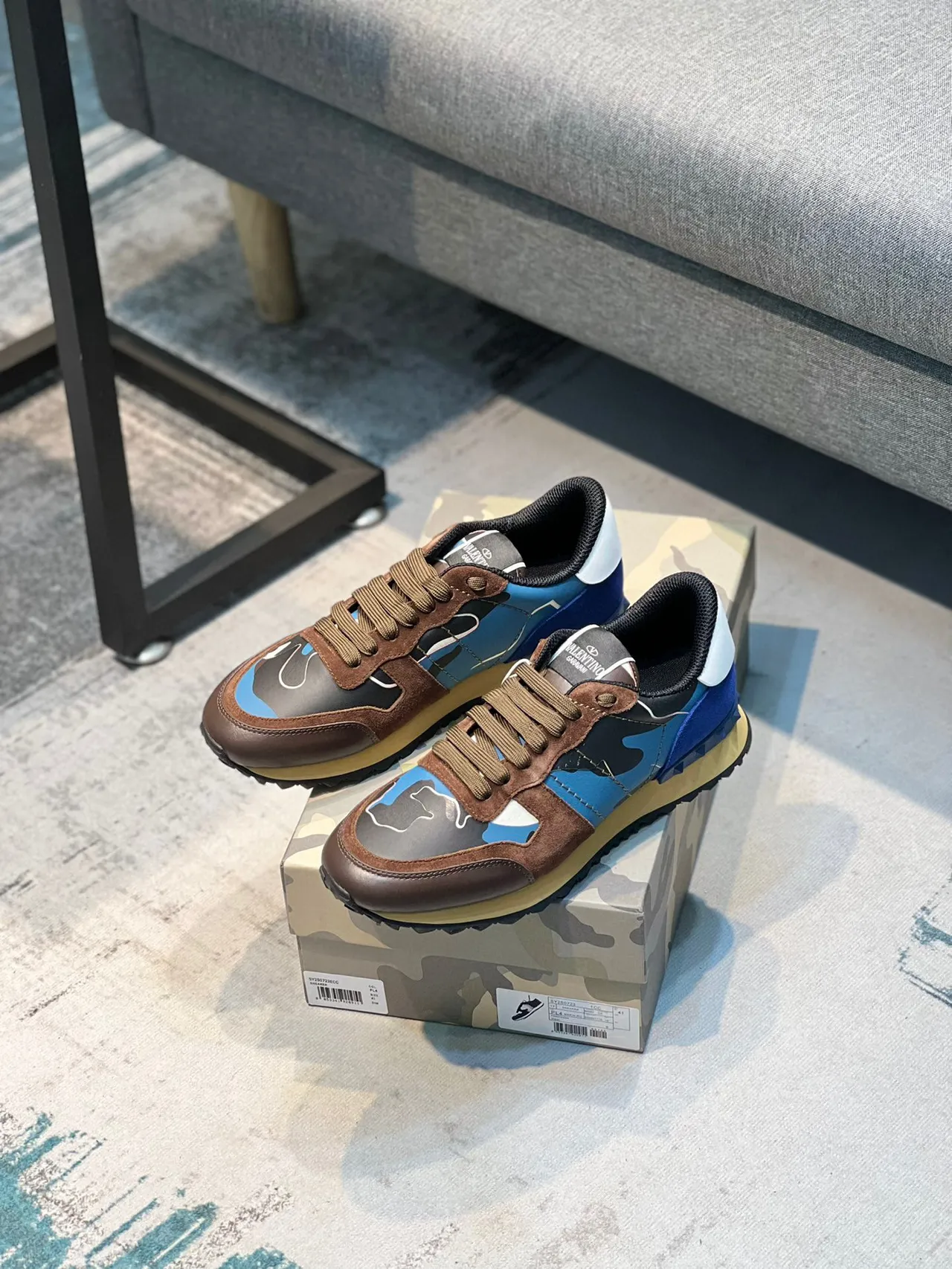 Valentino Marron Bleu Panneaux Camo-Print Daïm Overlay Lifestyle Sneakers 7