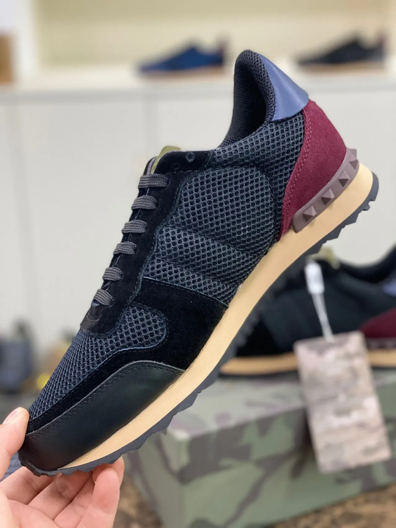 Valentino Garavani Rockstud Black Burgundy Mesh Suede Lifestyle Sneakers 3