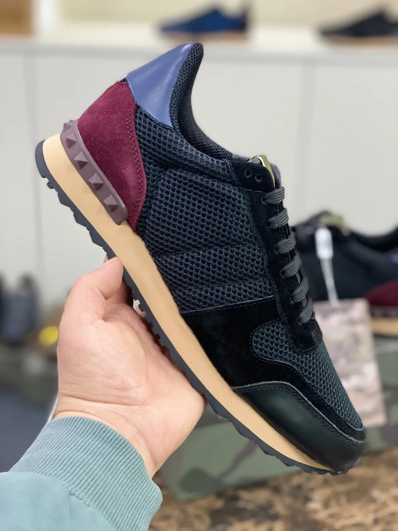 Valentino Garavani Rockstud Black Burgundy Mesh Suede Lifestyle Sneakers 4