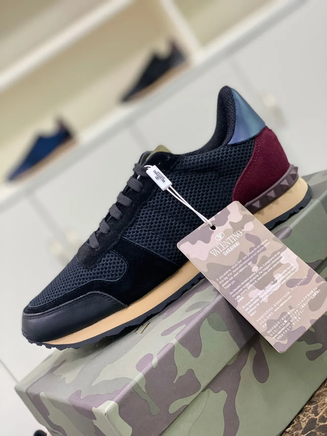 Valentino Garavani Rockstud Black Burgundy Mesh Suede Lifestyle Sneakers 5