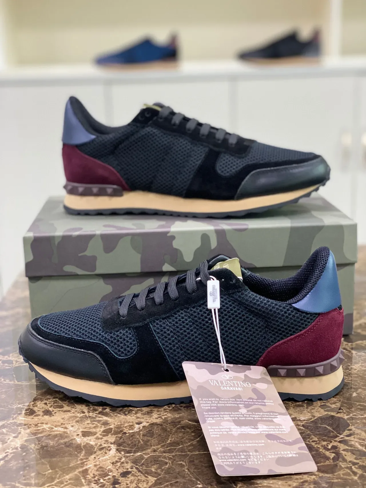 Valentino Garavani Rockstud Black Burgundy Mesh Suede Lifestyle Sneakers 6
