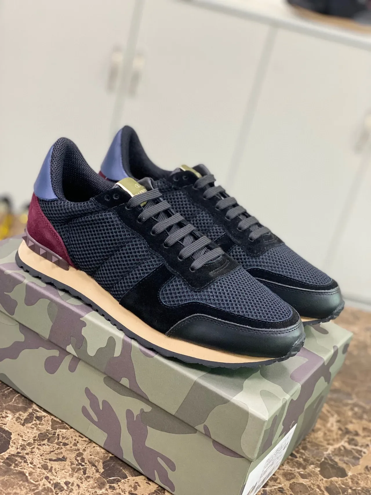 Valentino Garavani Rockstud Black Burgundy Mesh Suede Lifestyle Sneakers 8