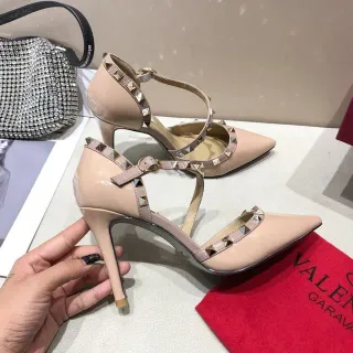 Valentino Rockstud Beige Gold Patent Leather T-Strap Stiletto