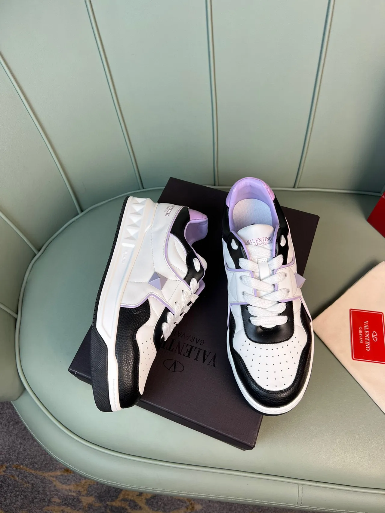 Valentino Rockstud Color-Block White Black Lavender Chunky Sneakers 8