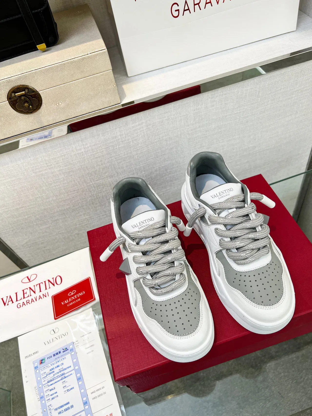 Valentino Rockstud Blanc Gris Semelle Plateforme Détail Stud Pyramid Lifestyle Sneakers 2