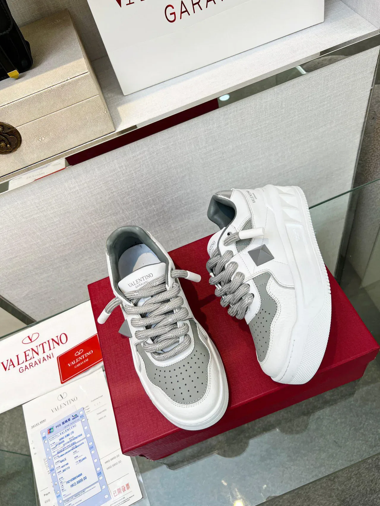 Valentino Rockstud Blanc Gris Semelle Plateforme Détail Stud Pyramid Lifestyle Sneakers 8