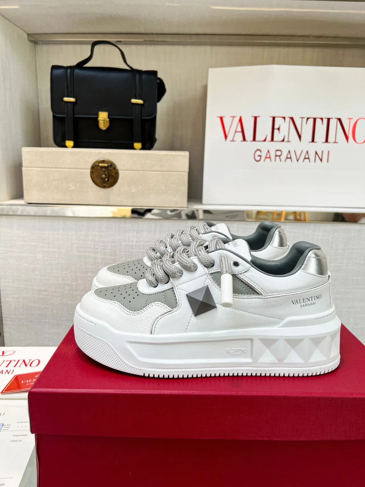 Valentino Rockstud Blanc Gris Semelle Plateforme Détail Stud Pyramid Lifestyle Sneakers 9